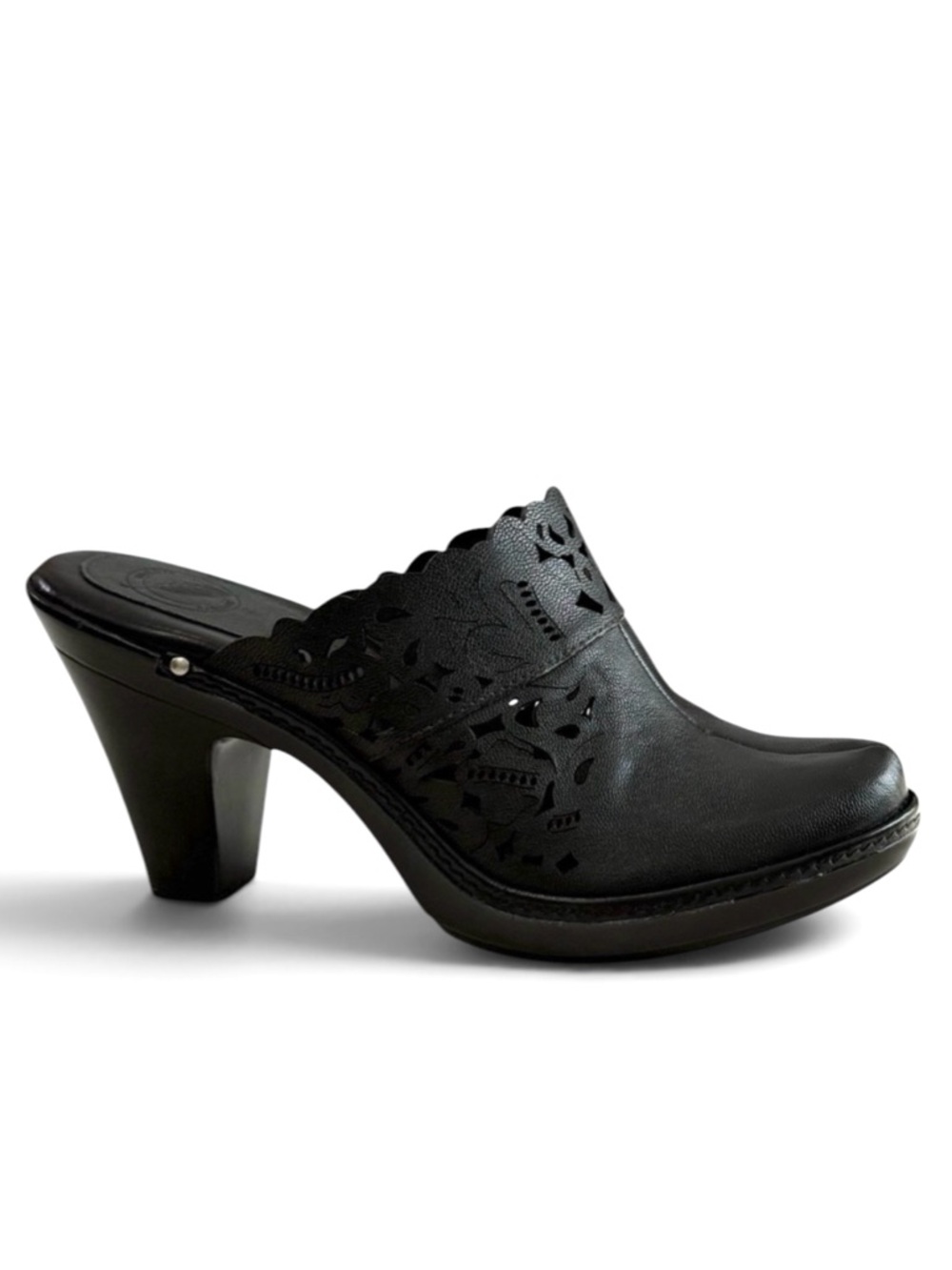 Nurture Kelly Laser Cut Black Leather Heeled Clogs Size 8.5M